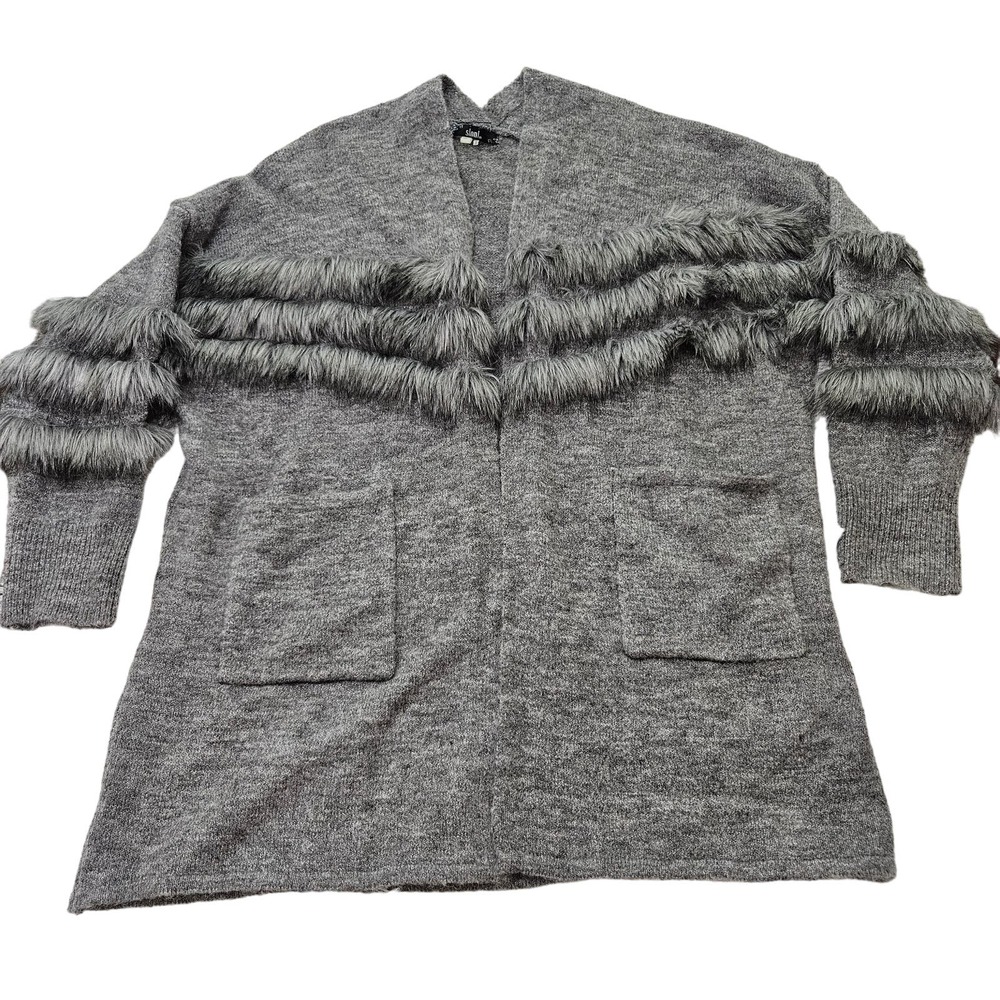 Sioni Womens Gray Mohair Wool Blend Faux Fur‎ Trim Chic Cardigan Sweater Sz XL